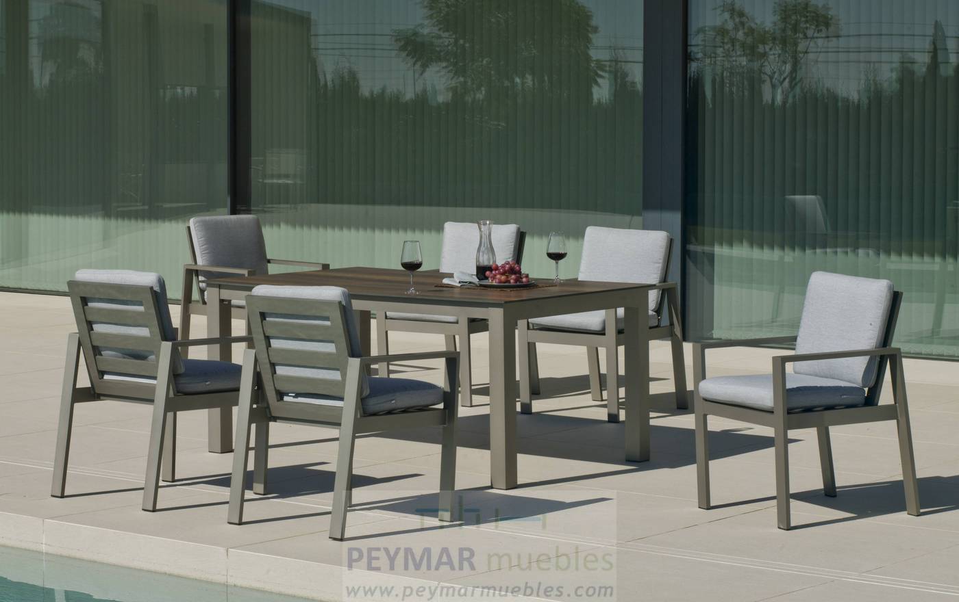 Mesa Aluminio HPL Camelia-180 - Mesa de 180 cm, con tablero laminado HPL ultra resistente. Estructura de aluminio color blanco, antracita, champagne, plata o marrón.