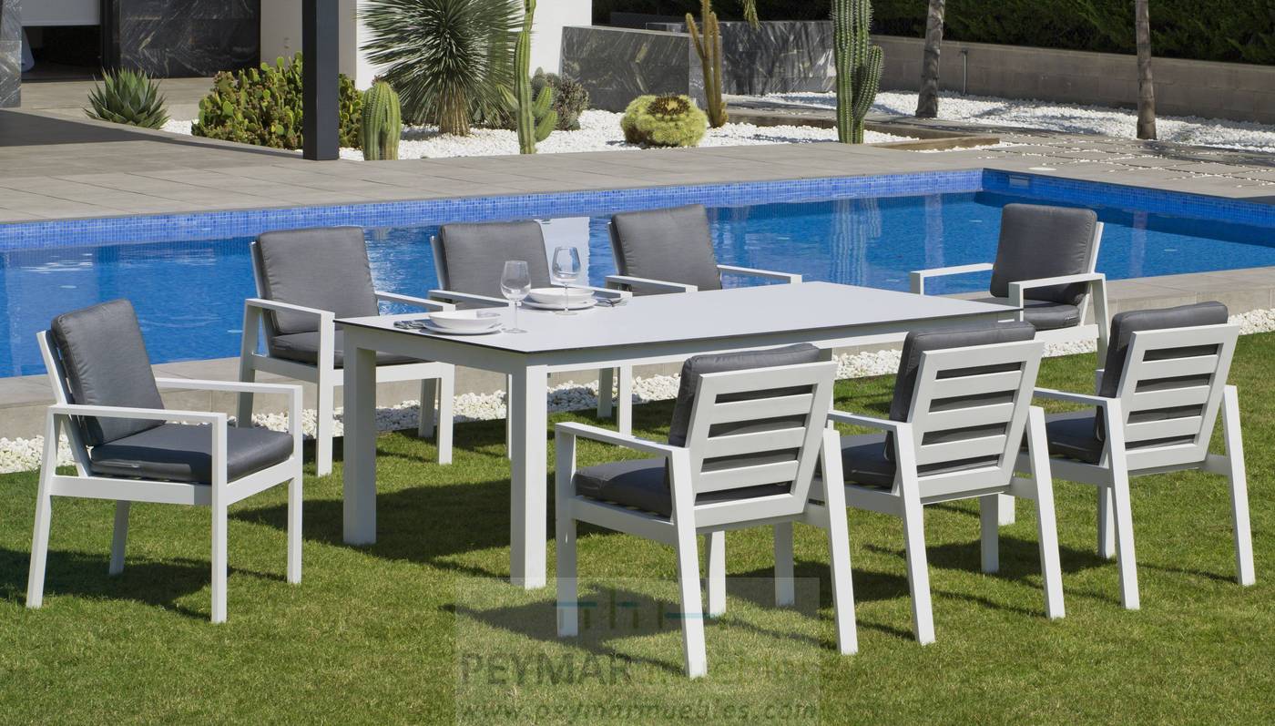 Mesa Aluminio HPL Camelia-180 - Mesa de 180 cm, con tablero laminado HPL ultra resistente. Estructura de aluminio color blanco, antracita, champagne, plata o marrón.