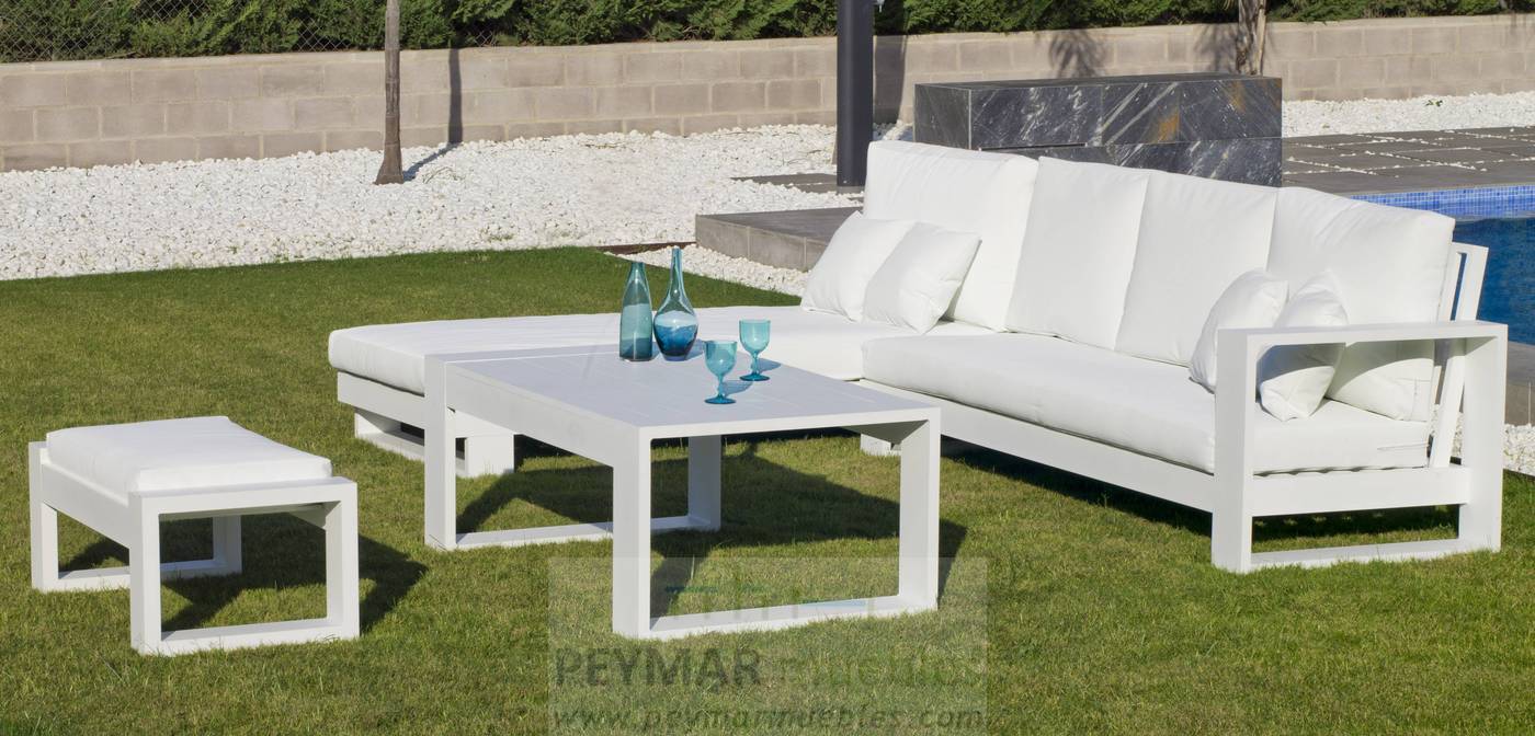 Set Chaiselongue Coloseo - Conjunto lujoso de aluminio: Chaiselonge/cama + sofá 3 plazas + 1 mesa de centro. Disponible en color blanco, antracita, champagne, plata o marrón.