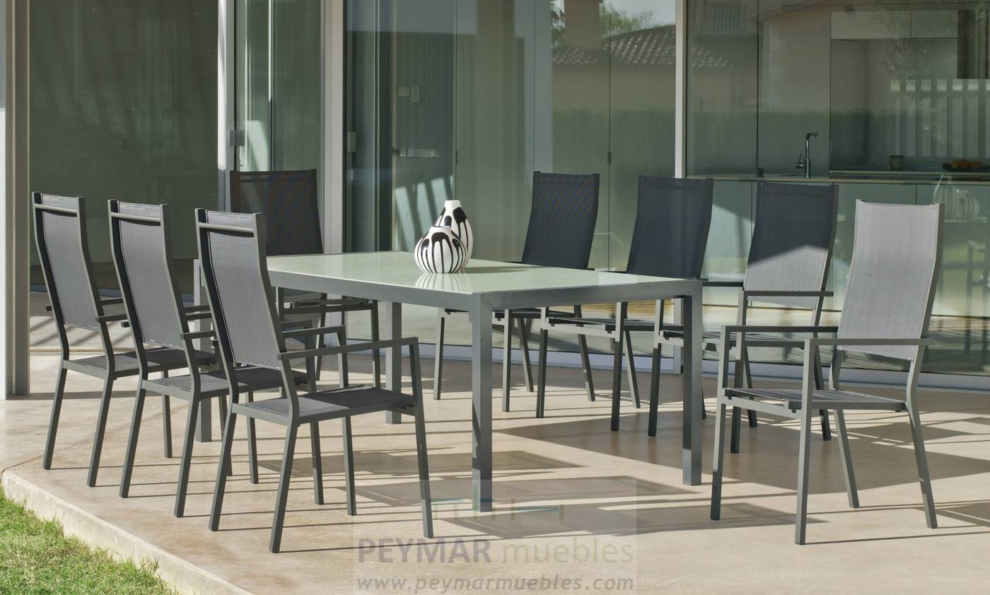 Set Aluminio Córcega-Janeiro 210-8 - Conjunto aluminio para jardín: Mesa rectangular 210 cm + 8 sillones altos de textilen. Disponible en color blanco, plata y antracita.