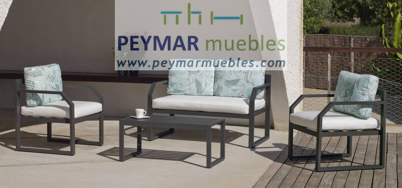 Conjunto Aluminio Génova-7 - Conjunto aluminio luxe: 1 sofá de 2 plazas + 2 sillones + 1 mesa de centro + cojines. Disponible en color blanco, plata o antracita.
