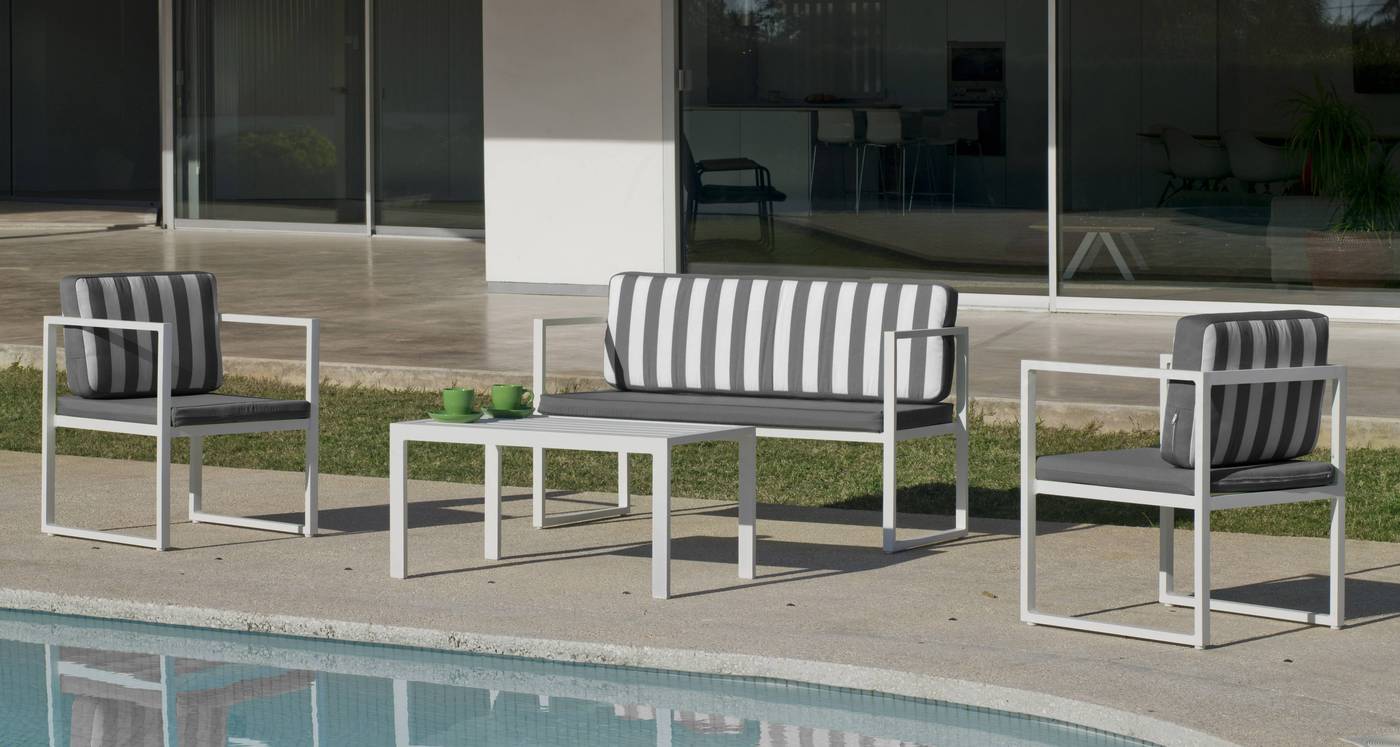 Set Aluminio Long Beach-7 - Conjunto de aluminio apilable: sofá 2 plazas + 2 sillones + mesa de centro + cojines. Disponible en color blanco o antracita.