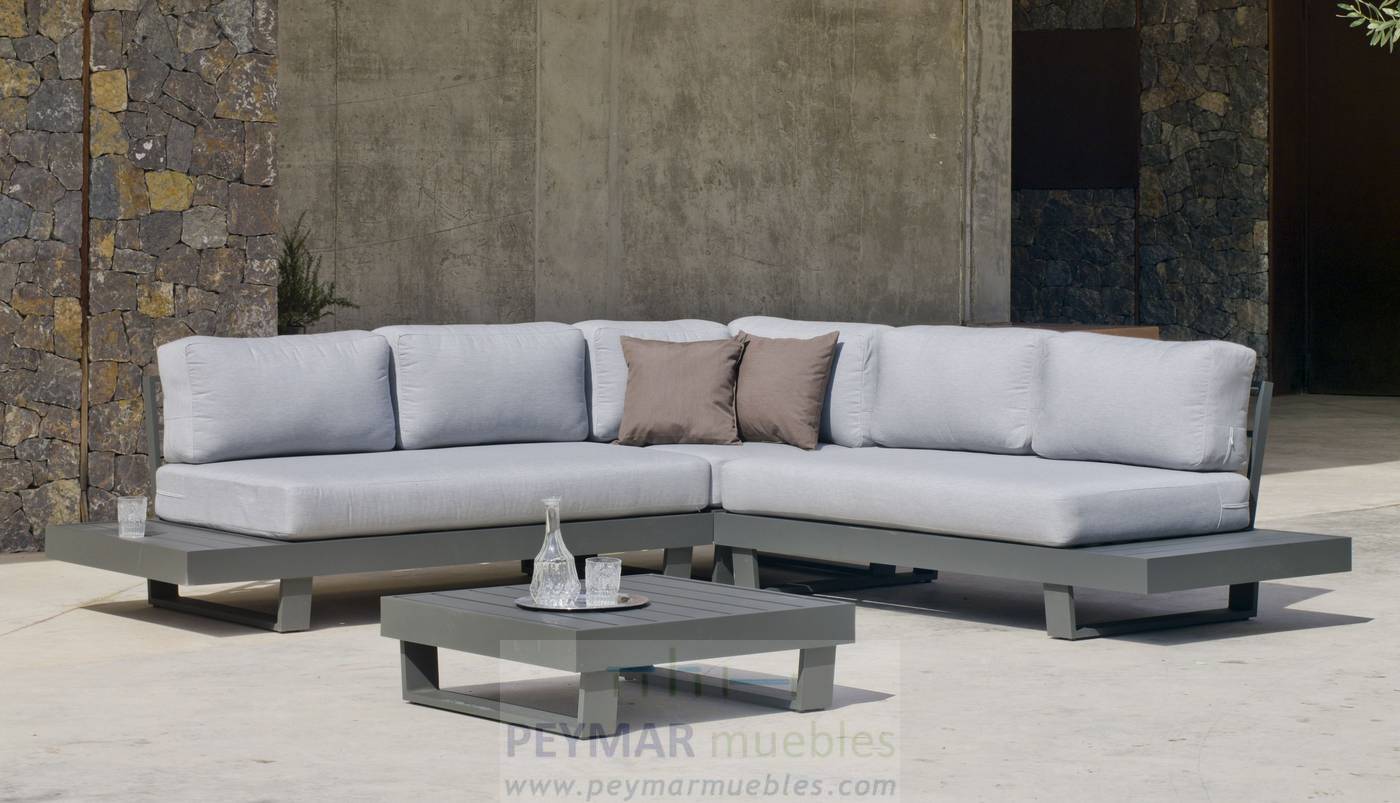 Rinconera confort lujo 5 plazas, con cojines desenfundables + mesa de centro. Estructura robusta de aluminio color blanco, antracita o champagne.