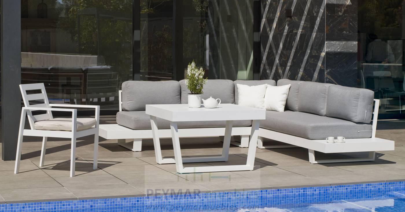 Set Rinconera Aluminio Luxe Menfis-8 - Rinconera confort lujo 5 plazas, con cojines desenfundables + mesa de comedor. Estructura robusta de aluminio color blanco, antracita, champagne, plata o marrón.