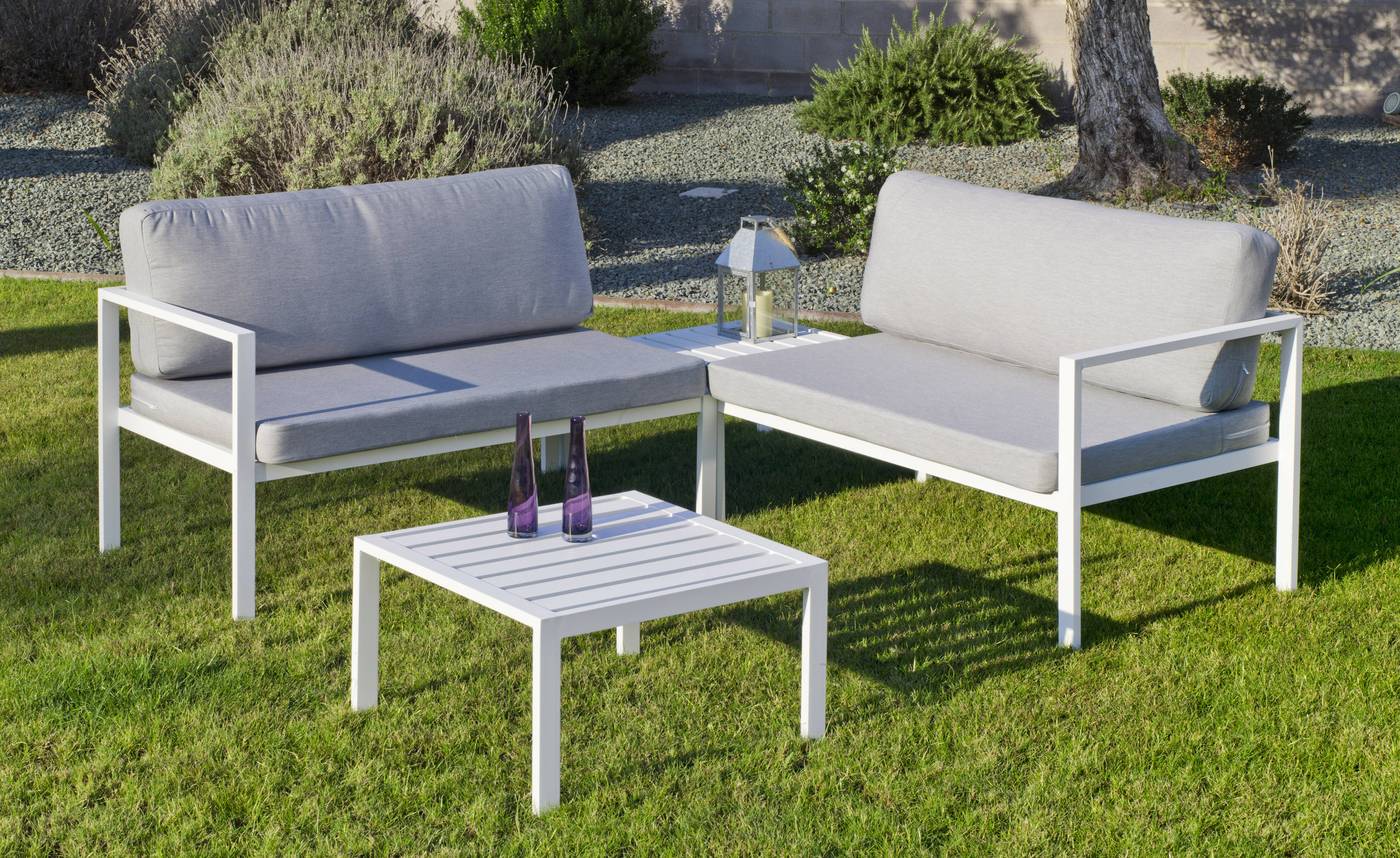 Conjunto de aluminio apilable: rinconera 4 plazas con mesa rinconera + mesa de centro + cojines. Disponible en color blanco o antracita.