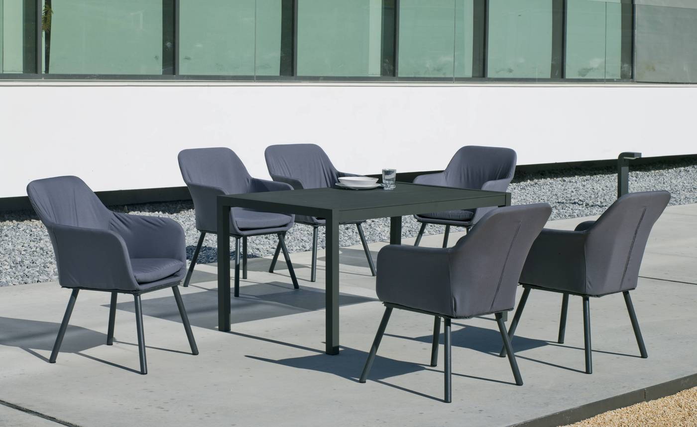 Conjunto aluminio luxe estilo contemporáneo: mesa rectangular de 200 cm. + 6 sillones tapizados con tela impermeable. Disponible en color blanco y antracita.