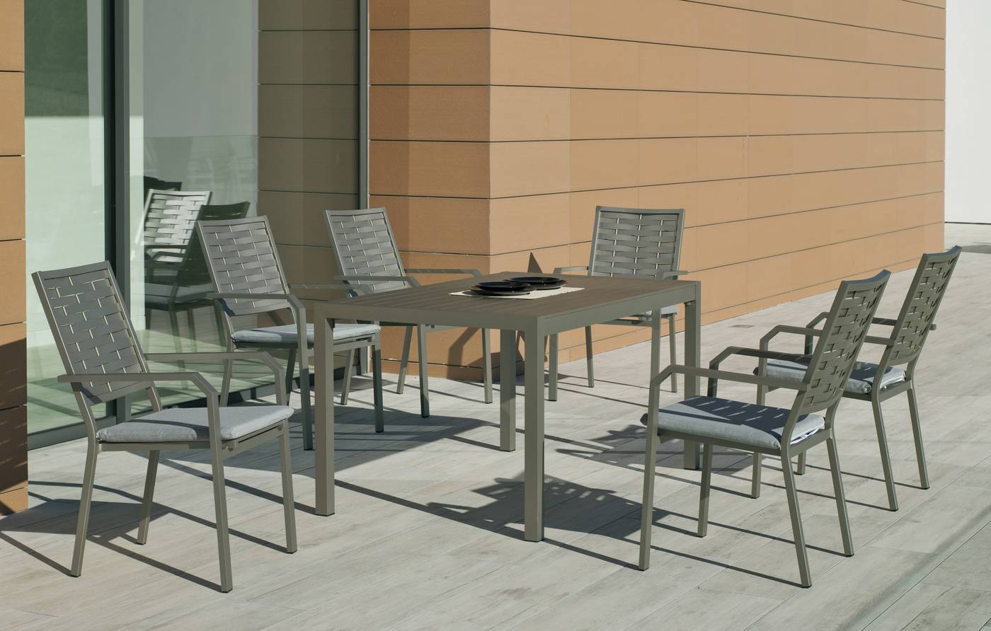 Set Aluminio Palma-Augusta 150-6 - Conjunto de aluminio luxe para jardín o terraza: Mesa rectangular 150 cm. + 6 sillones. Disponible en color blanco, plata, bronce, antracita y champagne.