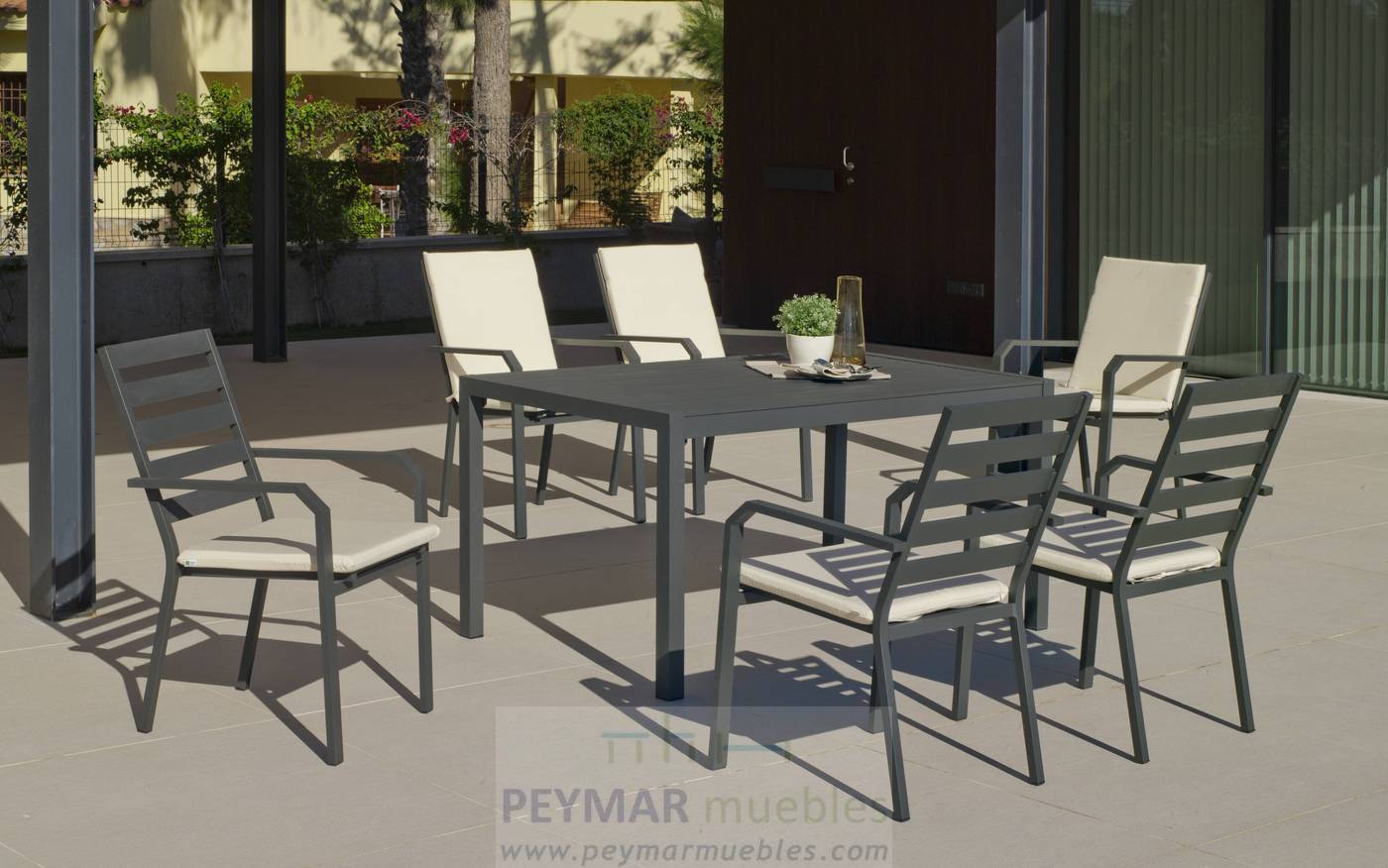 Set Aluminio Palma-Caravel 150-6 - Conjunto aluminio luxe: Mesa rectangular 150 cm + 6 sillones. Disponible en color blanco, antracita, champagne, plata o marrón.