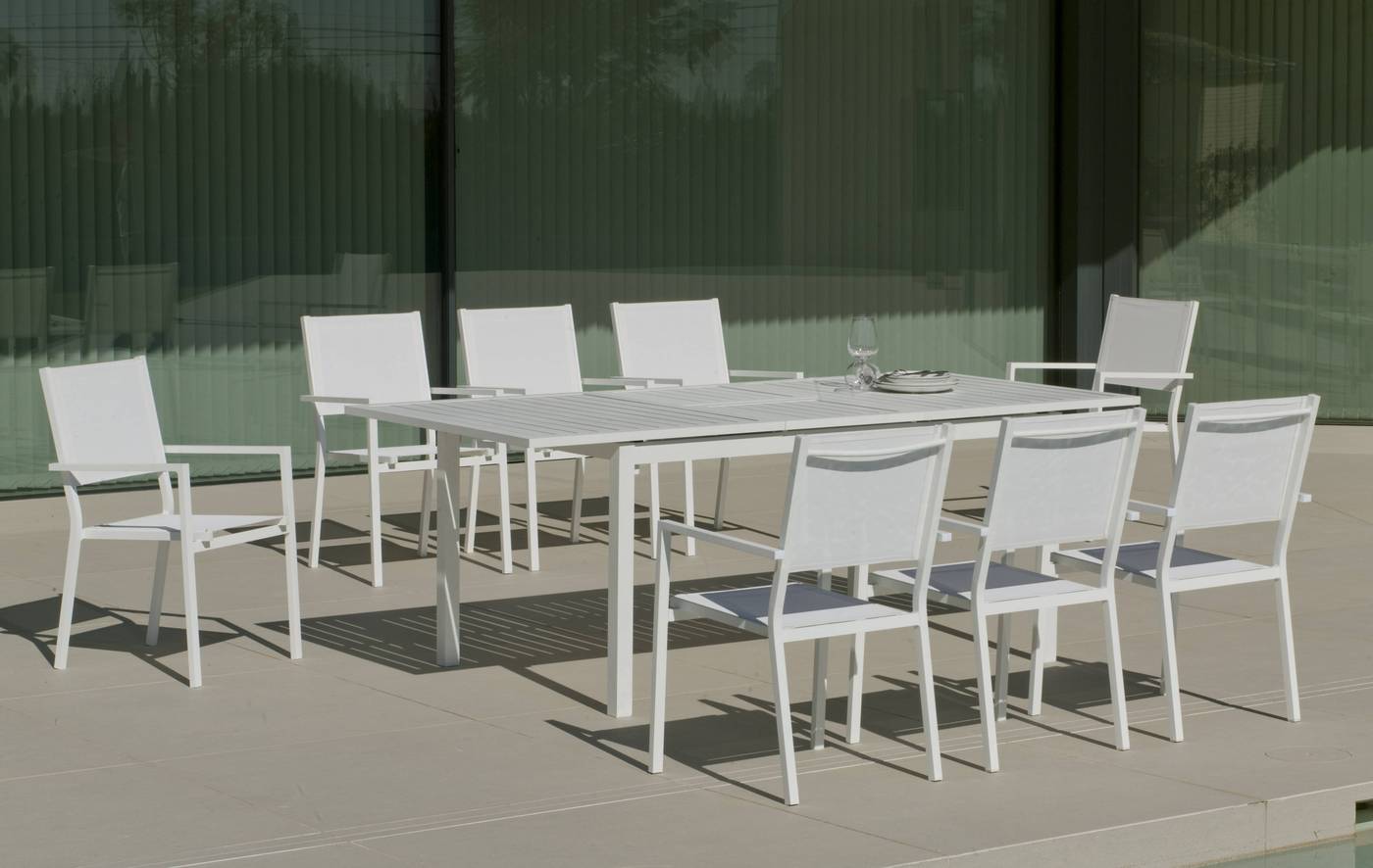 Set Aluminio PalmaExt-Córcega 220-8 - Conjunto de aluminio luxe: mesa extensible 170-220 cm. + 8 sillones de textilen. Disponible en color blanco, antracita, champagne, plata o marrón.