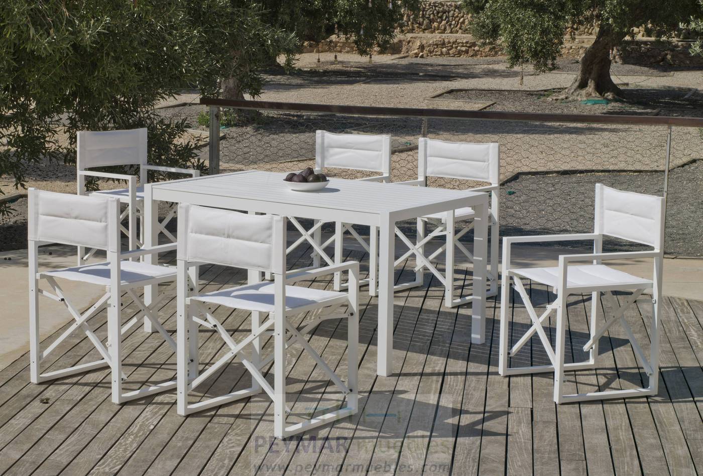 Set Aluminio Palma-Sinara 150-6 - Conjunto aluminio luxe: Mesa rectangular 150 cm + 6 sillones plegables. Disponible en color blanco o antracita.