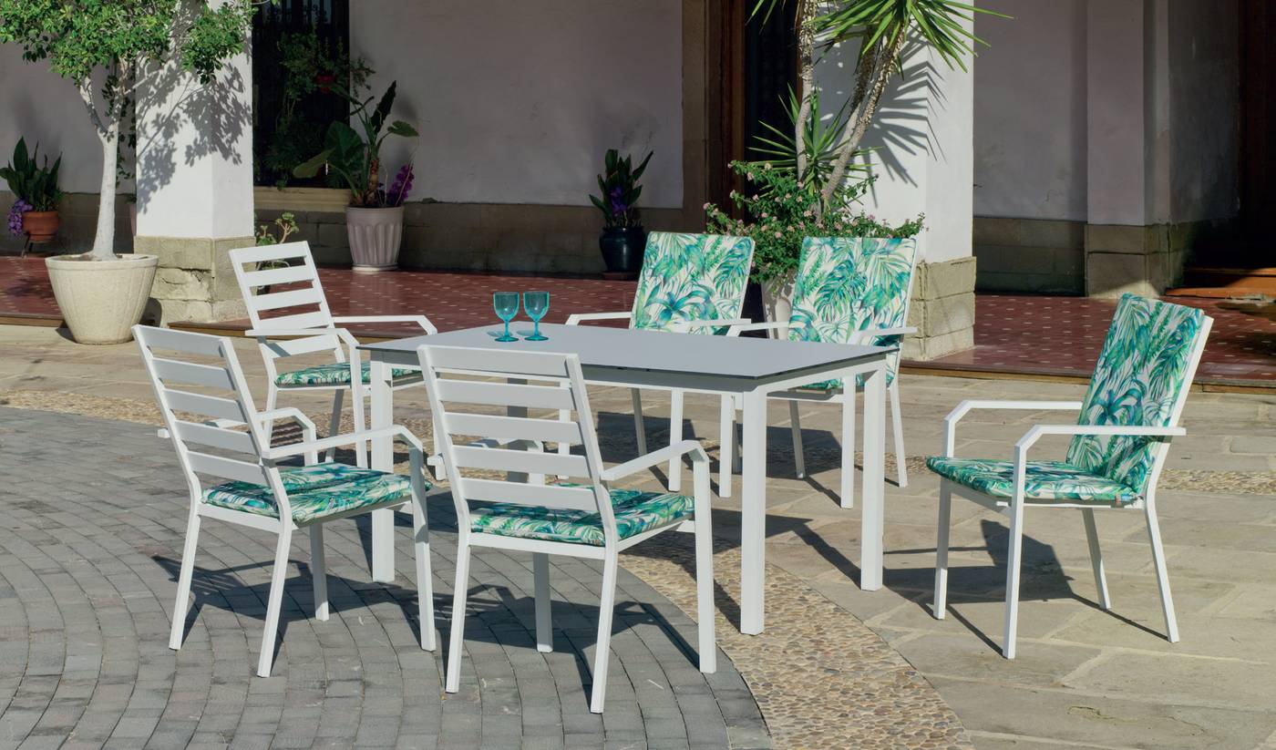 Conjunto para jardín color blanco, antracita, champagne, plata o marrón: Mesa de aluminio con tablero laminado HPL + 6 sillones.