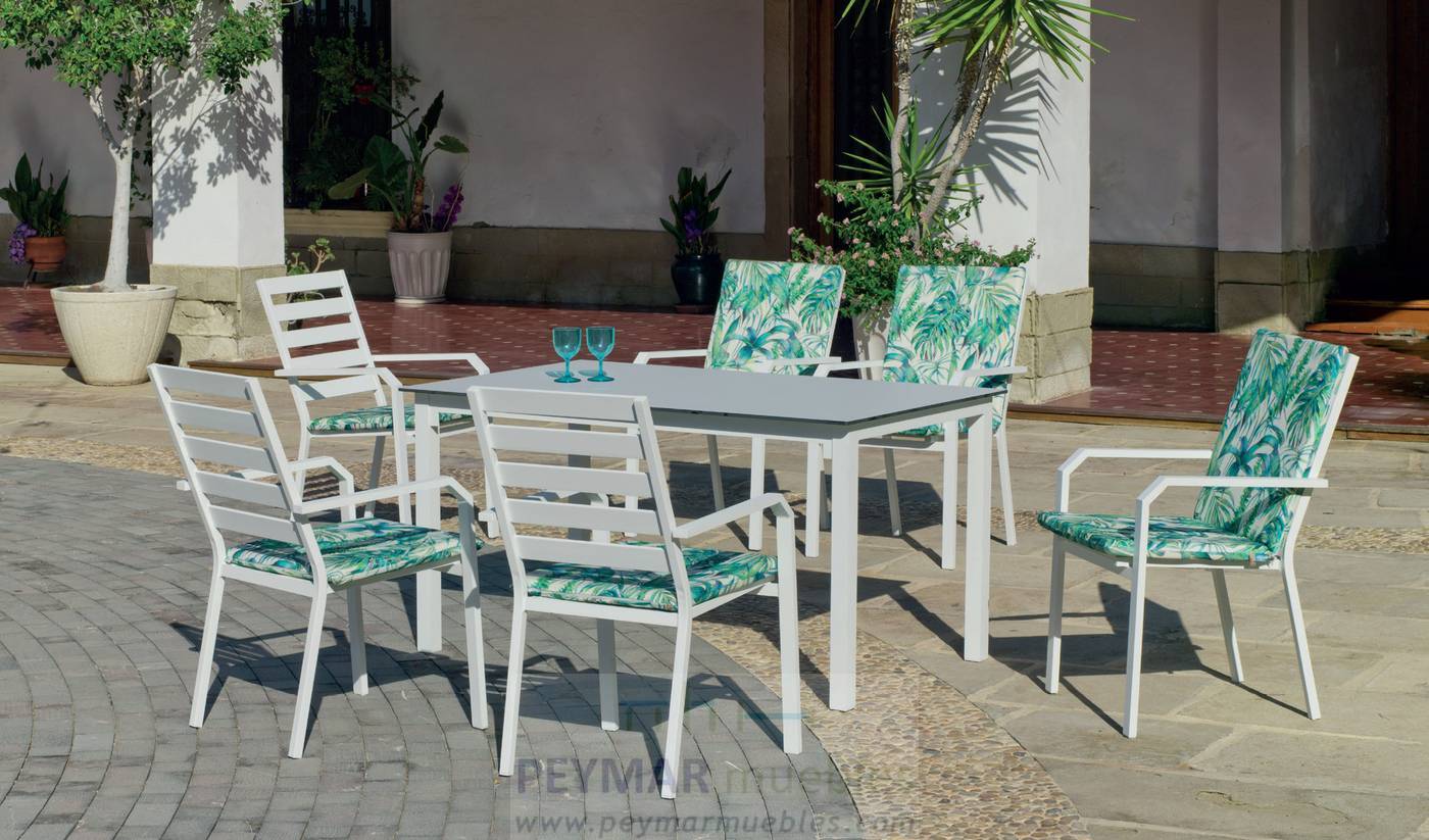 Set Aluminio HPL Palma 200-6 - Conjunto para jardín color blanco, antracita, champagne, plata o marrón: Mesa 200 cm. De aluminio con tablero laminado HPL + 6 sillones.