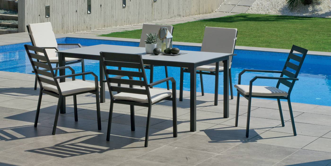 Conjunto para jardín color blanco, antracita, champagne, plata o marrón: Mesa 200 cm. De aluminio con tablero laminado HPL + 6 sillones.