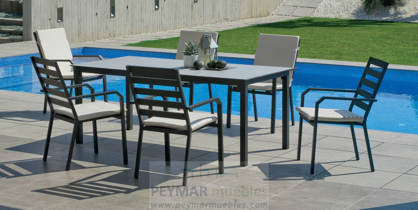 Conjunto para jardín color blanco, antracita, champagne, plata o marrón: Mesa 200 cm. De aluminio con tablero laminado HPL + 6 sillones.