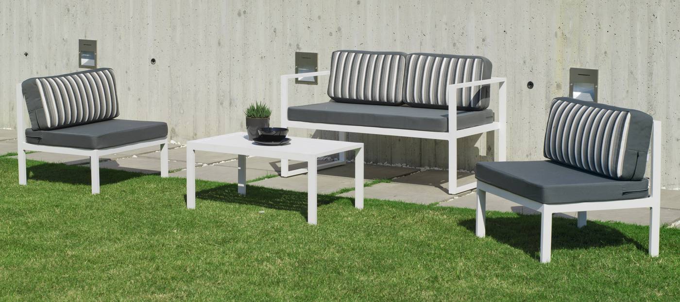 Conjunto de aluminio apilable: 1 sofá de 2 plazas + 2 sillones + 1 mesa de centro + cojines. Disponible en color blanco, plata o antracita.