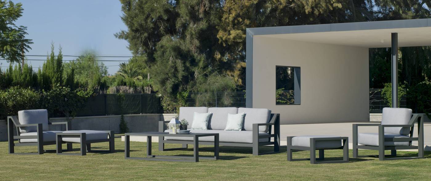 Set Aluminio Luxe Rosenborg-10 - Conjunto lujo para jardín: 1 sofá de 3 plazas + 2 sillones + 2 reposapiés + 1 mesa de centro. Estructura de alumino reforzado color blanco, antracita, champagne, plata o marrón.