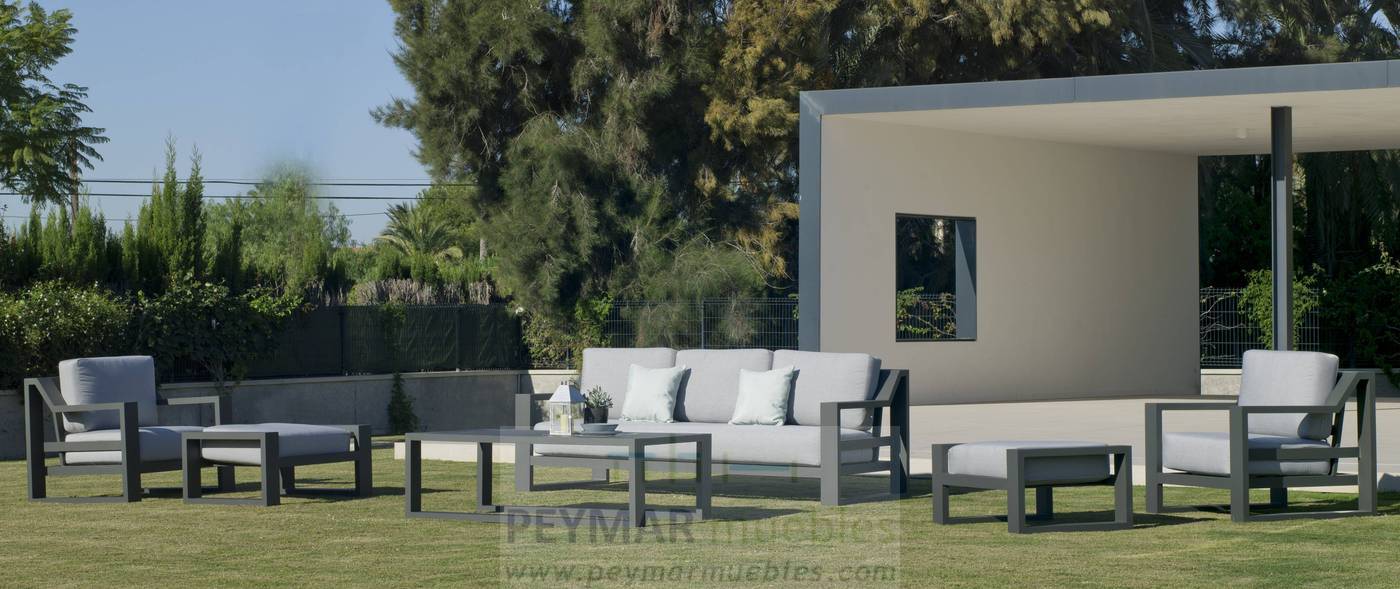 Set Aluminio Luxe Rosenborg-8 - Conjunto lujo para jardín: 1 sofá de 3 plazas + 2 sillones + 1 mesa de centro. Estructura de alumino reforzado color blanco, antracita, champagne, plata o marrón.