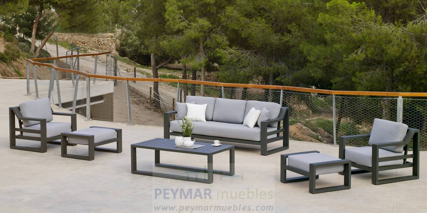 Set Aluminio Luxe Rosenborg-8 - Conjunto lujo para jardín: 1 sofá de 3 plazas + 2 sillones + 1 mesa de centro. Estructura de alumino reforzado color blanco, antracita, champagne, plata o marrón.