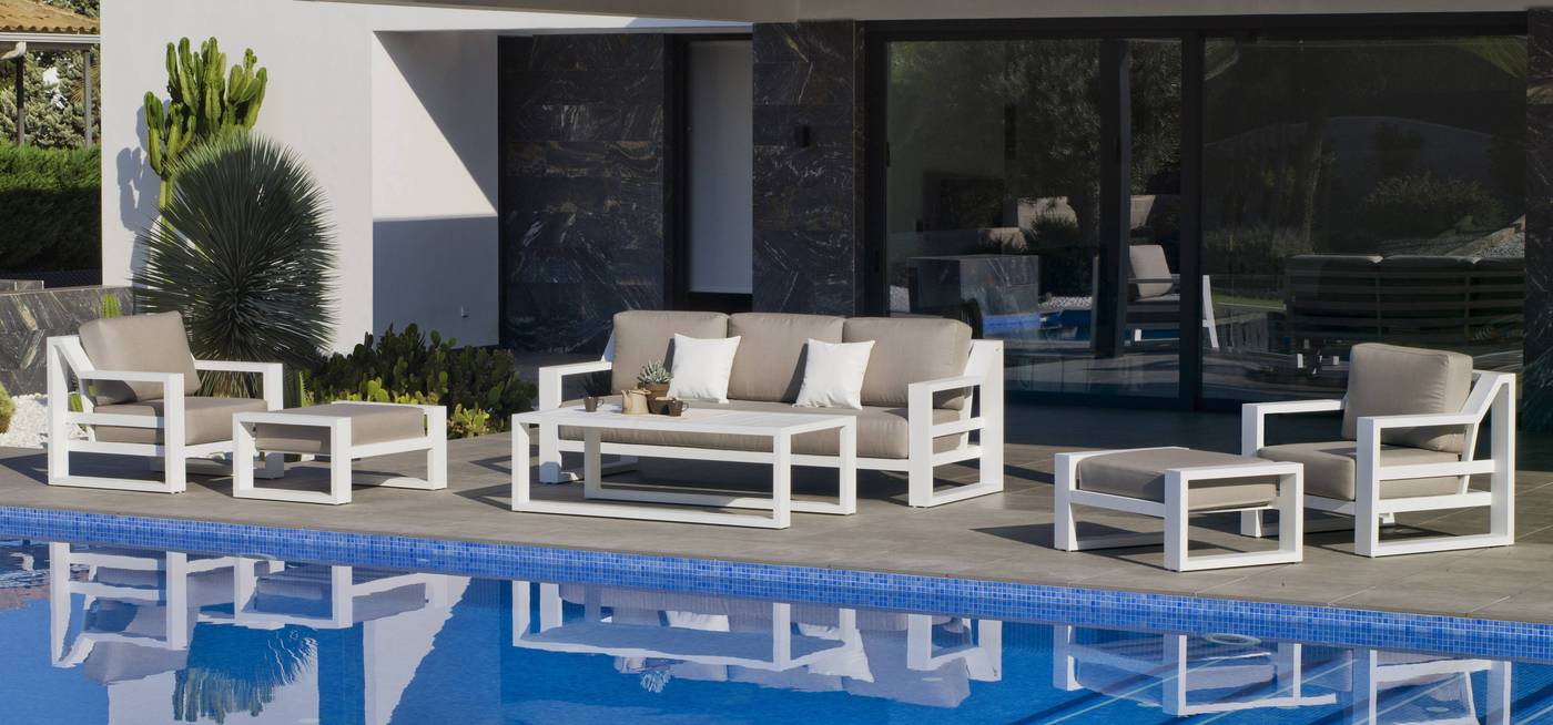 Set Aluminio Luxe Rosenborg-10 - Conjunto lujo para jardín: 1 sofá de 3 plazas + 2 sillones + 2 reposapiés + 1 mesa de centro. Estructura de alumino reforzado color blanco, antracita, champagne, plata o marrón.