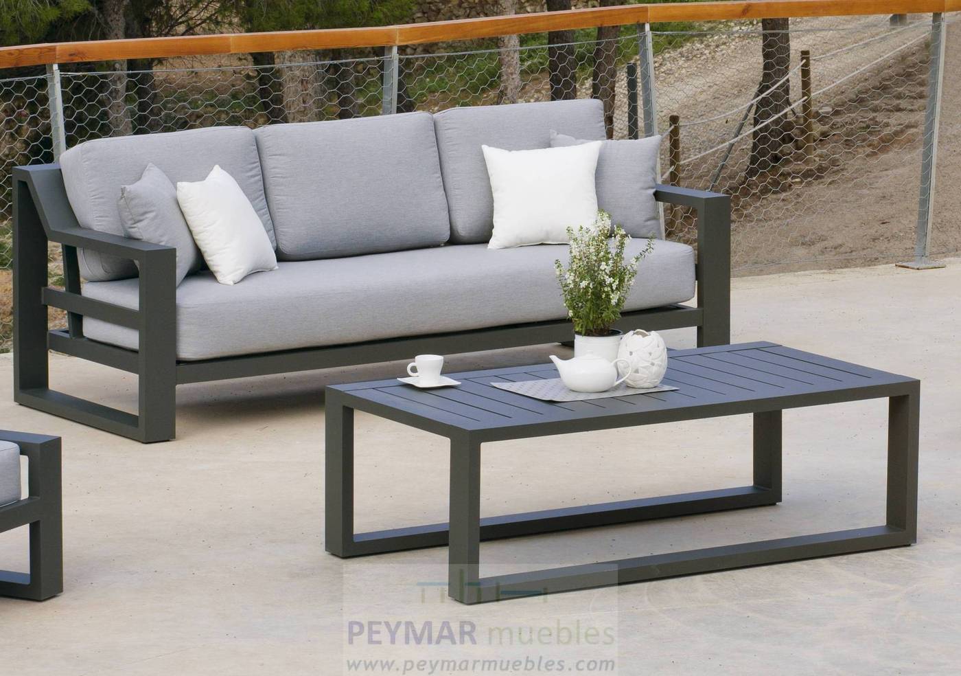 Set Aluminio Luxe Rosenborg-8 - Conjunto lujo para jardín: 1 sofá de 3 plazas + 2 sillones + 1 mesa de centro. Estructura de alumino reforzado color blanco, antracita, champagne, plata o marrón.