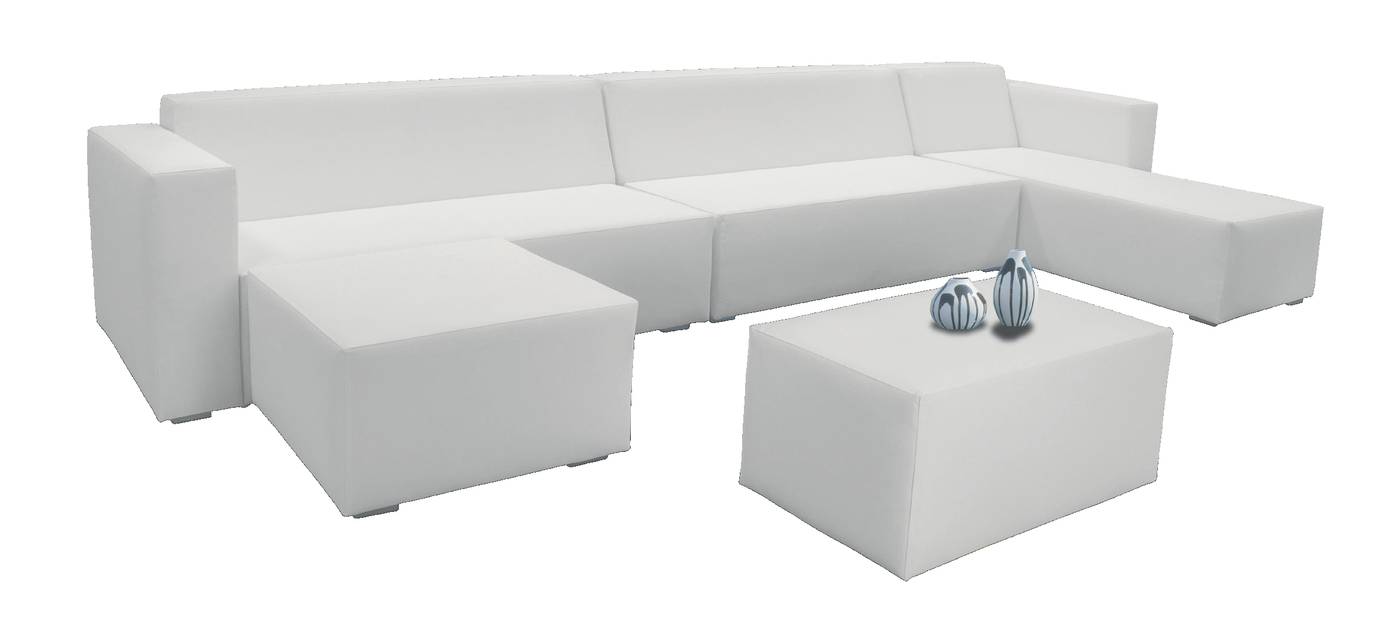 Lujoso conjunto de aluminio tapizado con piel náutica impermeable: Chaiselonge + 2 sofás 2 plazas + reposapiés + mesa de centro.