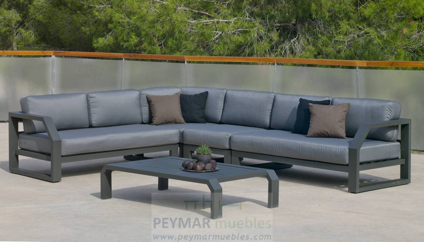 Rinconera confort lujo 6-8 plazas + mesa centro. Estructura robusta de aluminio color blanco, antracita o champagne.