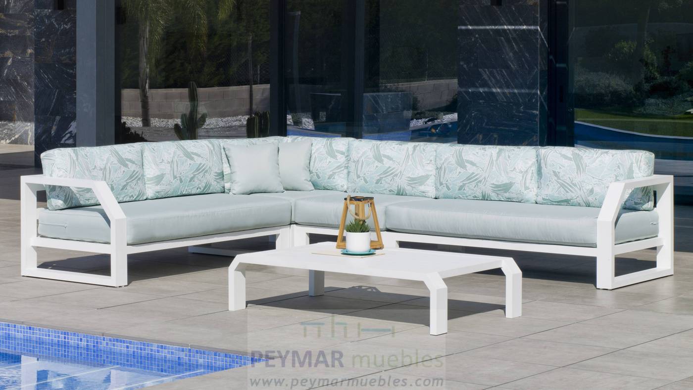 Rinconera Aluminio Luxe Zafiro-28 - Rinconera confort lujo 6-8 plazas + mesa centro. Estructura robusta de aluminio color blanco, antracita o champagne.