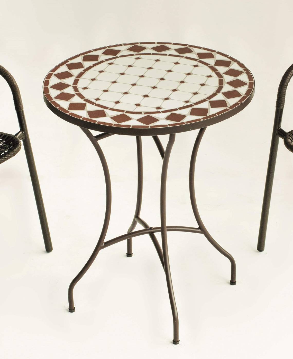 Conjunto Mosaico Austin-Marsel - Mesa de forja color bronce, con tablero mosaico de 60 cm + 2 sillones apilables de aluminio con cojín.