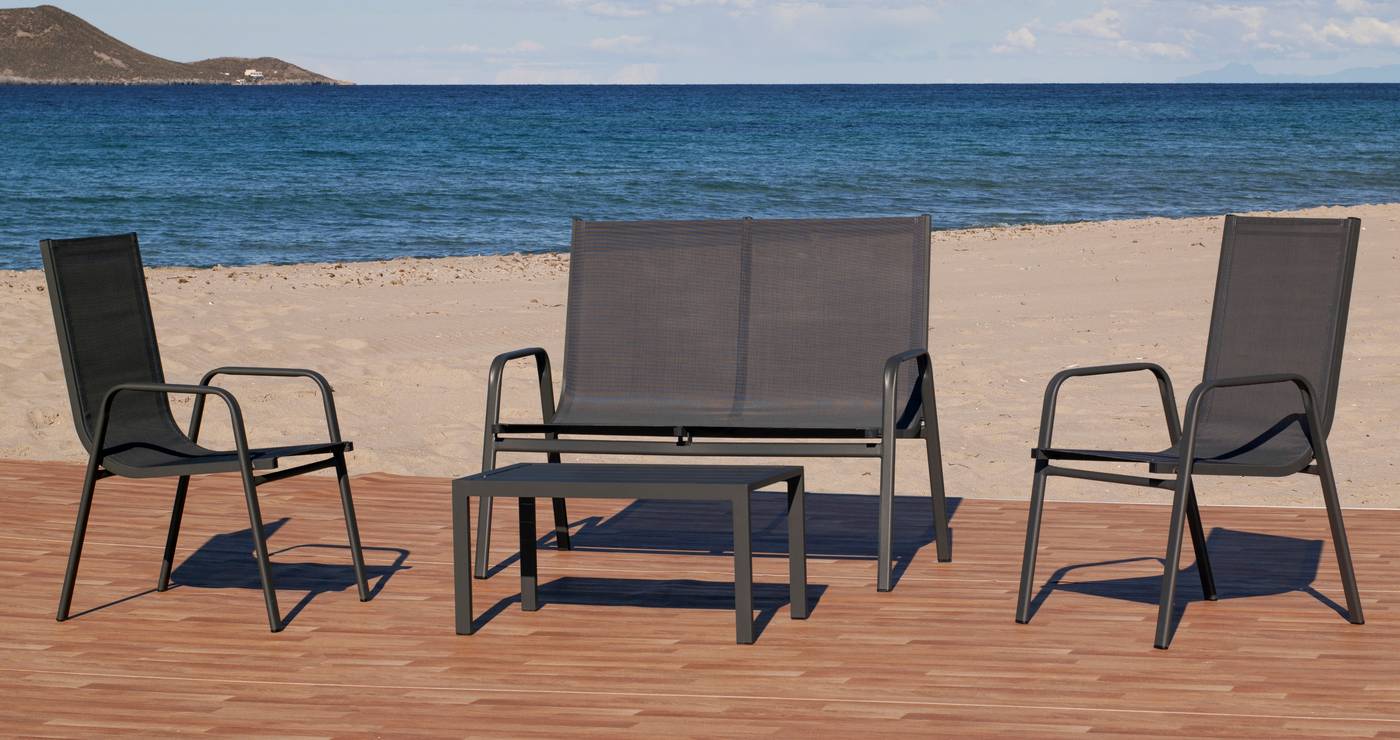 Conjunto aluminio: 1 sofá 2 plazas + 2 sillones + 1 mesa de centro HPL + cojines. De color blanco o antracita.