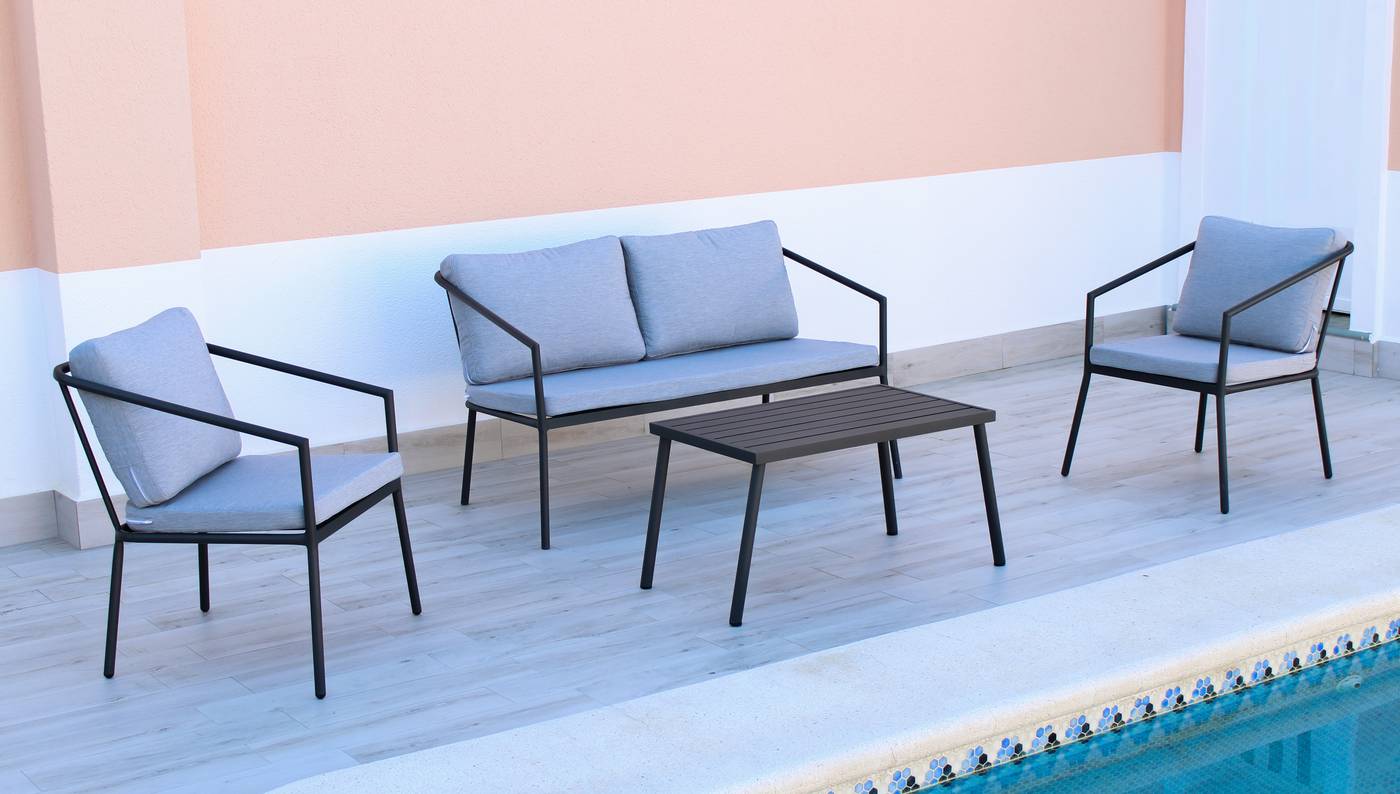 Conjunto: 1 sofá 2 plazas + 2 sillones + 1 mesa de centro + cojines. Estructura aluminio color blanco o antracita.