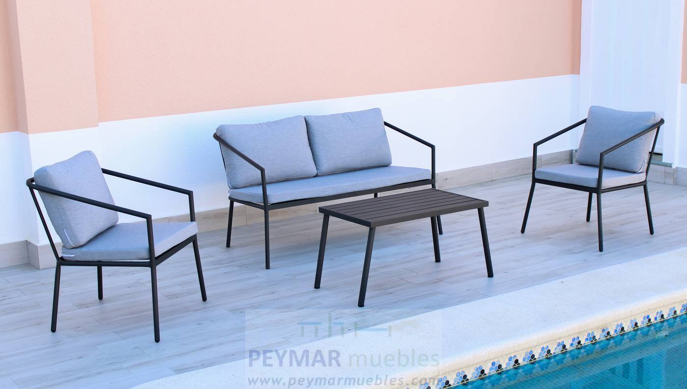 Conjunto: 1 sofá 2 plazas + 2 sillones + 1 mesa de centro. Estructura aluminio color blanco o antracita.