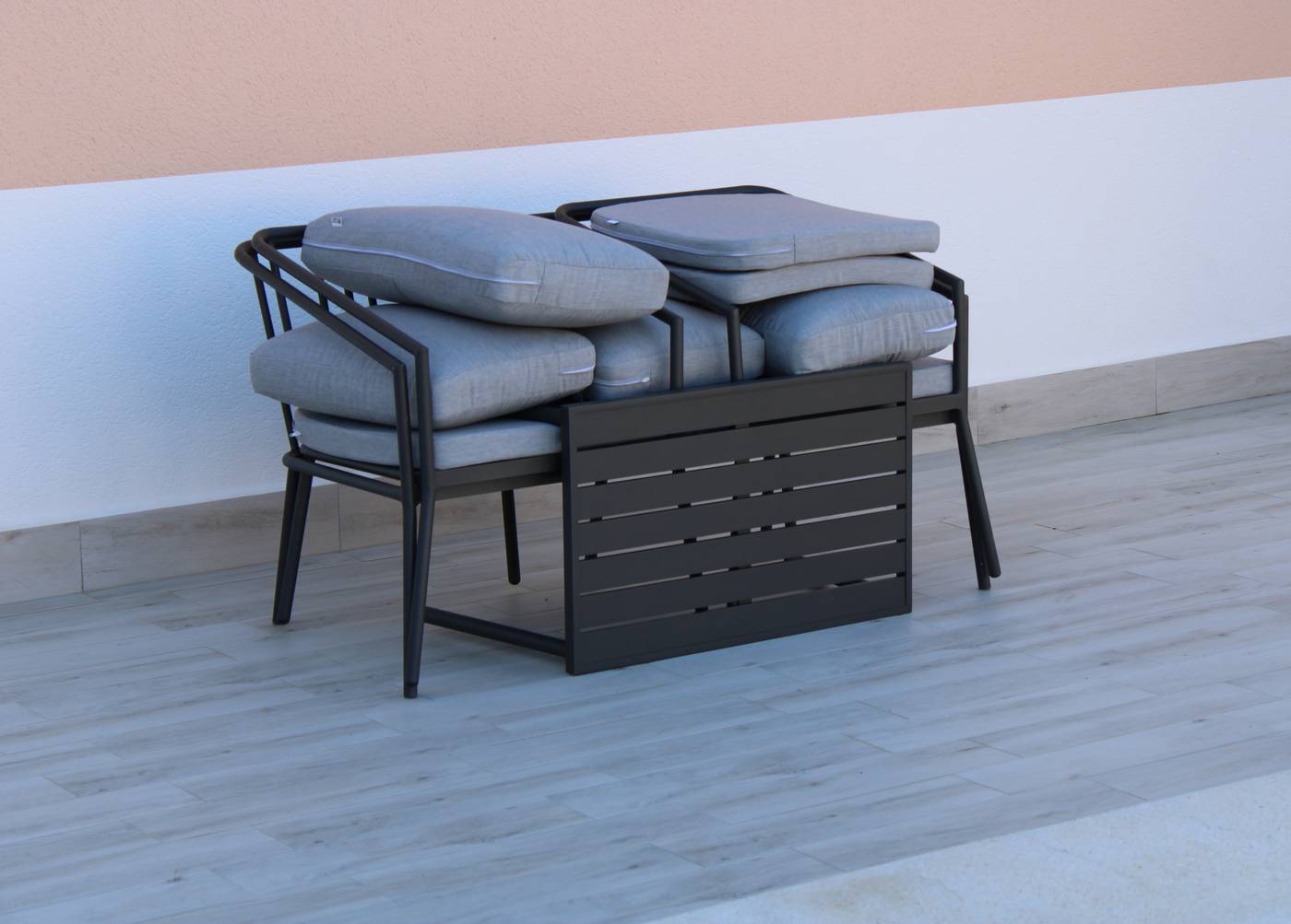 Set Aluminio Bermudas-7 - Conjunto: 1 sofá 2 plazas + 2 sillones + 1 mesa de centro. Estructura aluminio color blanco o antracita.