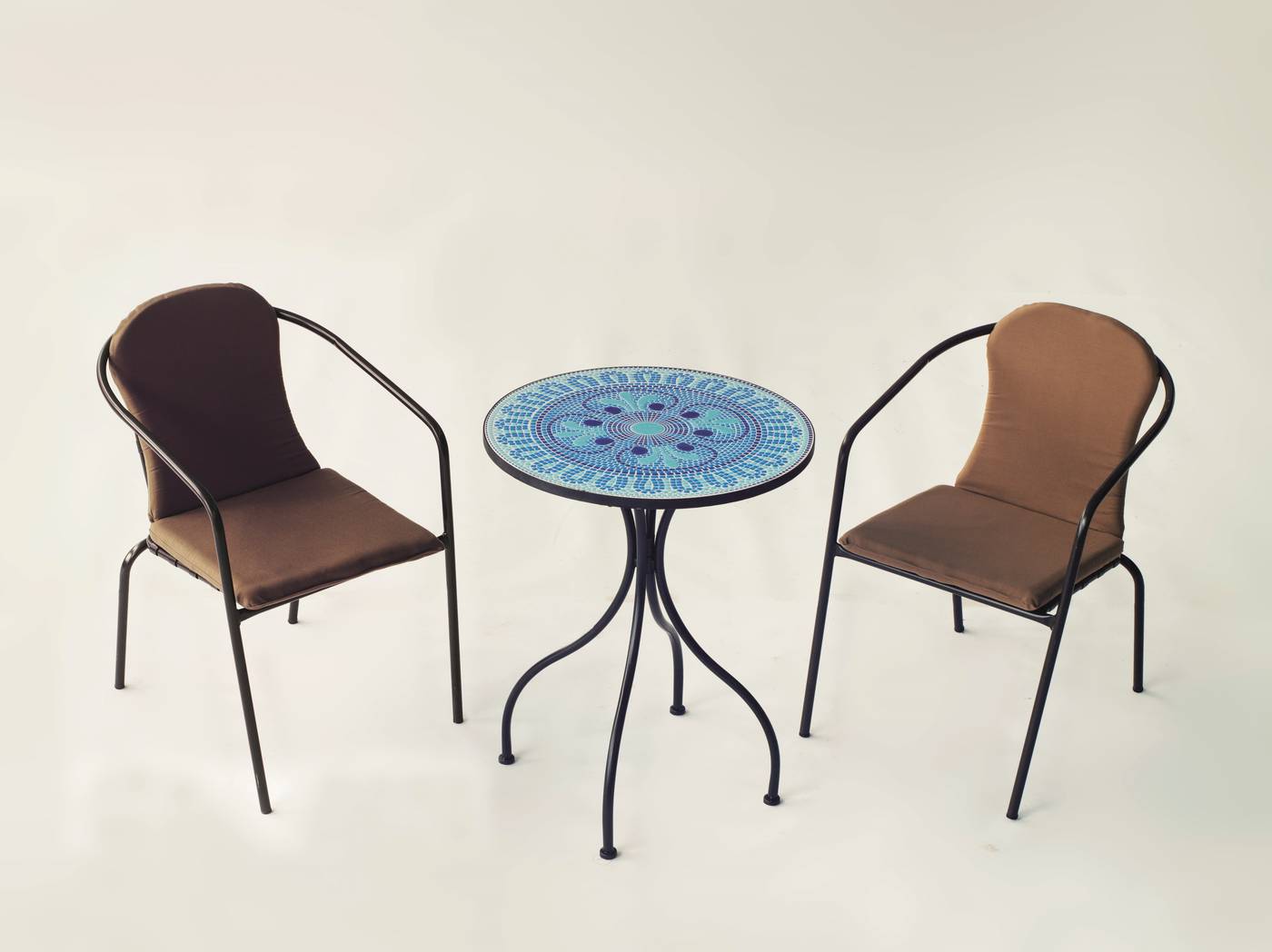 Conjunto Mosaico Berna-Marsel - Mesa de forja color antracita, con tablero mosaico de 60 cm + 2 sillones apilables de aluminio con cojín.