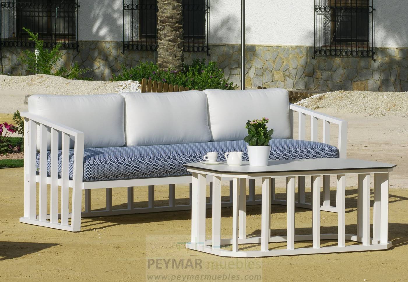 Set Aluminio Birmania-10 - Conjunto confort aluminio: 1 sofá 3 plazas + 2 sillones + 1 mesa de centro + 2 reposapiés. Disponible en color blanco, antracita, champagne, plata o marrón.