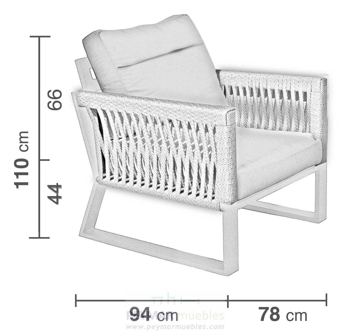 Sillón Cuerda Bolonia-15 - Sillón relax lujo, con respaldo reclinable. Fabricado de aluminio y cuerda en color blanco, gris, marrón o champagne.