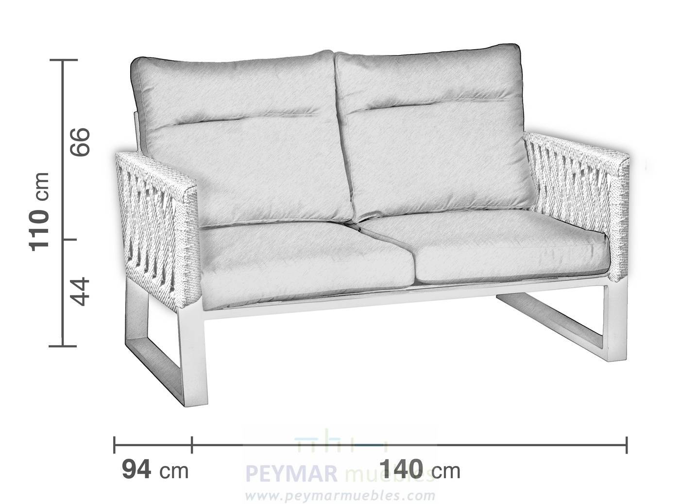 Set Aluminio Bolonia-870 - Conjunto aluminio y cuerda: 1 sofá de 2 plazas + 2 sillones + 1 mesa de centro. Respaldos reclinables. Colores: blanco, gris, marrón o champagne.