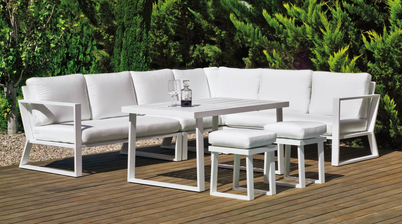 Rinconera modular lujo de 6 plazas  +  mesa comedor + 2 taburetes. Estructura aluminio en color blanco, antracita o champagne.