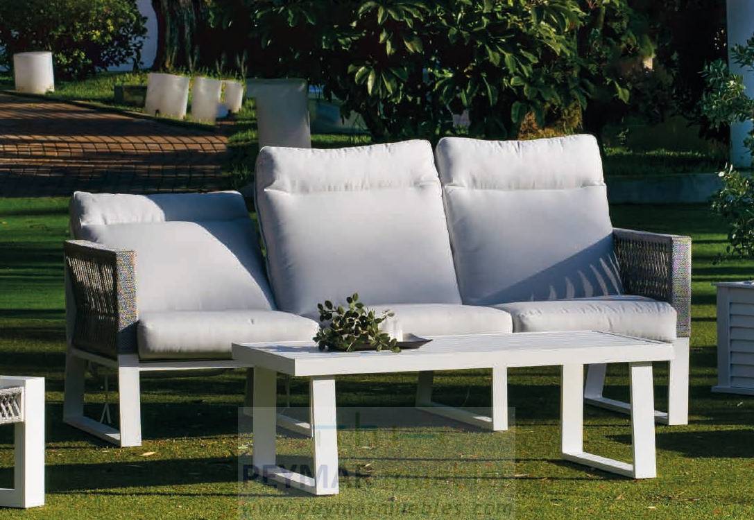 Set Aluminio Bolonia-980 - Conjunto aluminio y cuerda: 1 sofá de 3 plazas + 2 sillones + 1 mesa de centro + 2 taburetes. Respaldos reclinables. Colores: blanco, gris, marrón o champagne.