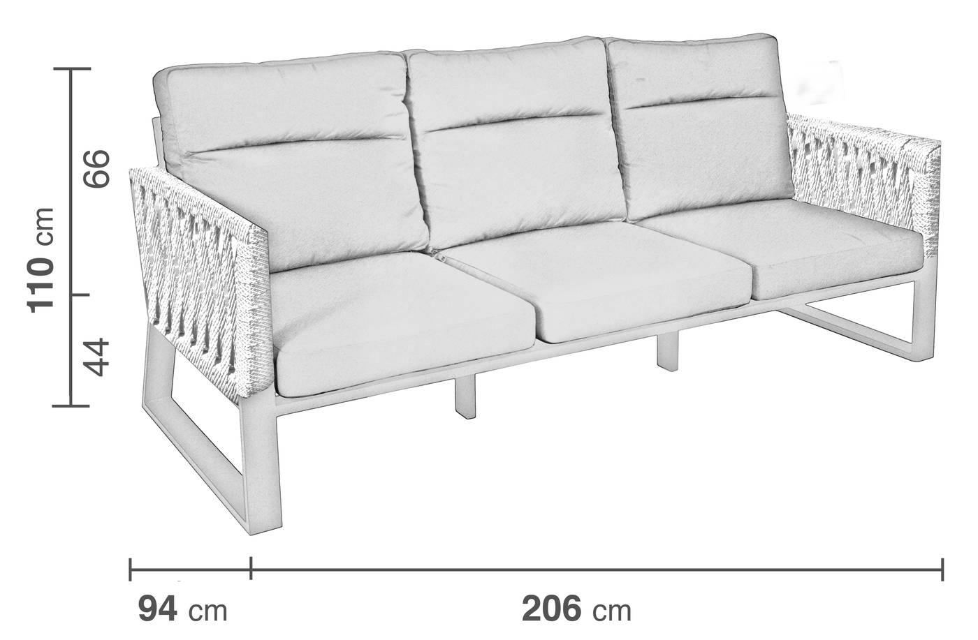 Set Aluminio Bolonia-980 - Conjunto aluminio y cuerda: 1 sofá de 3 plazas + 2 sillones + 1 mesa de centro + 2 taburetes + cojines. Respaldos reclinables. Colores: blanco, gris, marrón o champagne.