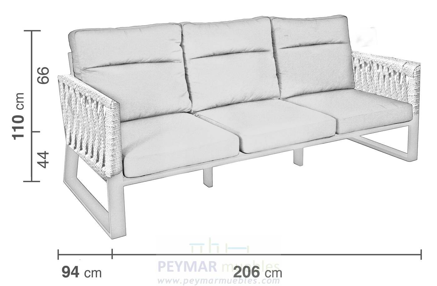 Set Aluminio Bolonia-980 - Conjunto aluminio y cuerda: 1 sofá de 3 plazas + 2 sillones + 1 mesa de centro + 2 taburetes. Respaldos reclinables. Colores: blanco, gris, marrón o champagne.