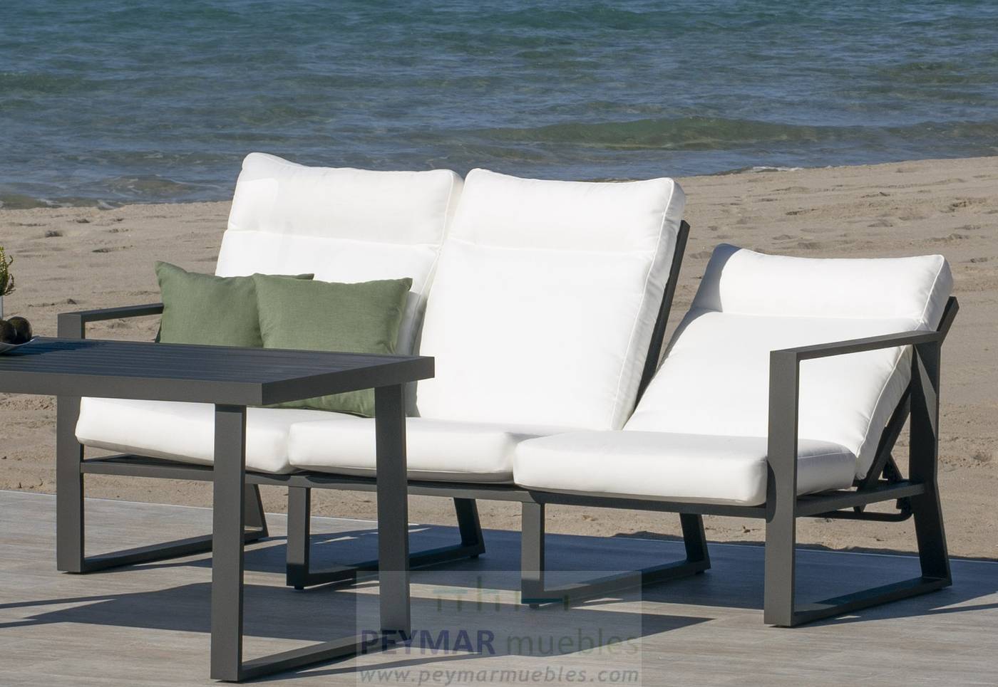 Set Aluminio Bolonia-740 - Conjunto aluminio: sofá 3 plazas + 2 sillones + mesa de centro + 2 taburetes. Respaldos reclinables. Colores: blanco, antracita, champagne, plata o marrón.