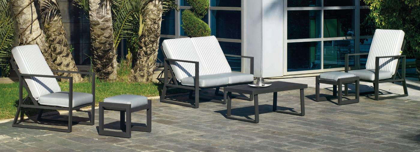Set Aluminio Bolonia-640 - Conjunto aluminio: sofá 2 plazas + 2 sillones + mesa de centro + 2 taburetes. Respaldos reclinables. Colores: blanco, antracita, champagne, plata o marrón.