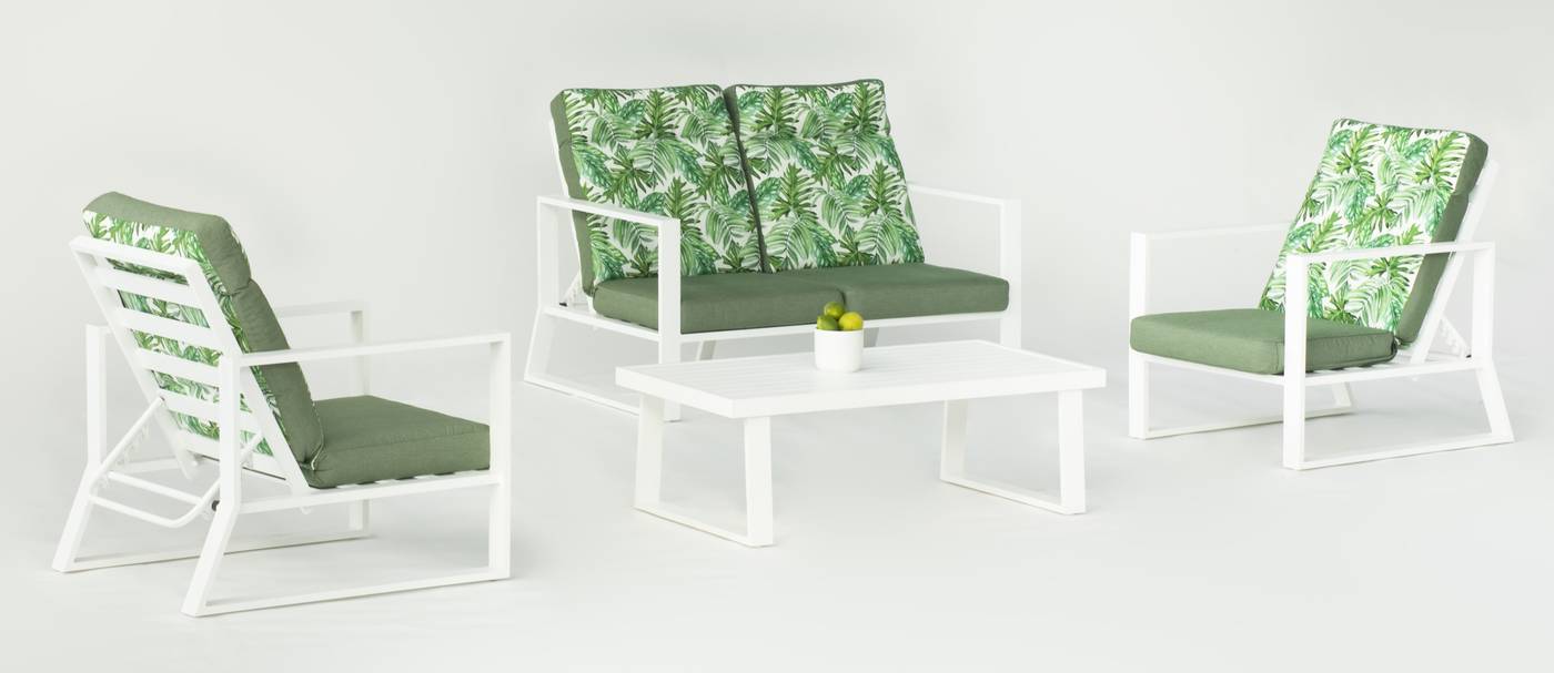 Conjunto aluminio: sofá 2 plazas + 2 sillones + mesa de centro + cojines. Respaldos reclinables. Colores: blanco, antracita o bronce.