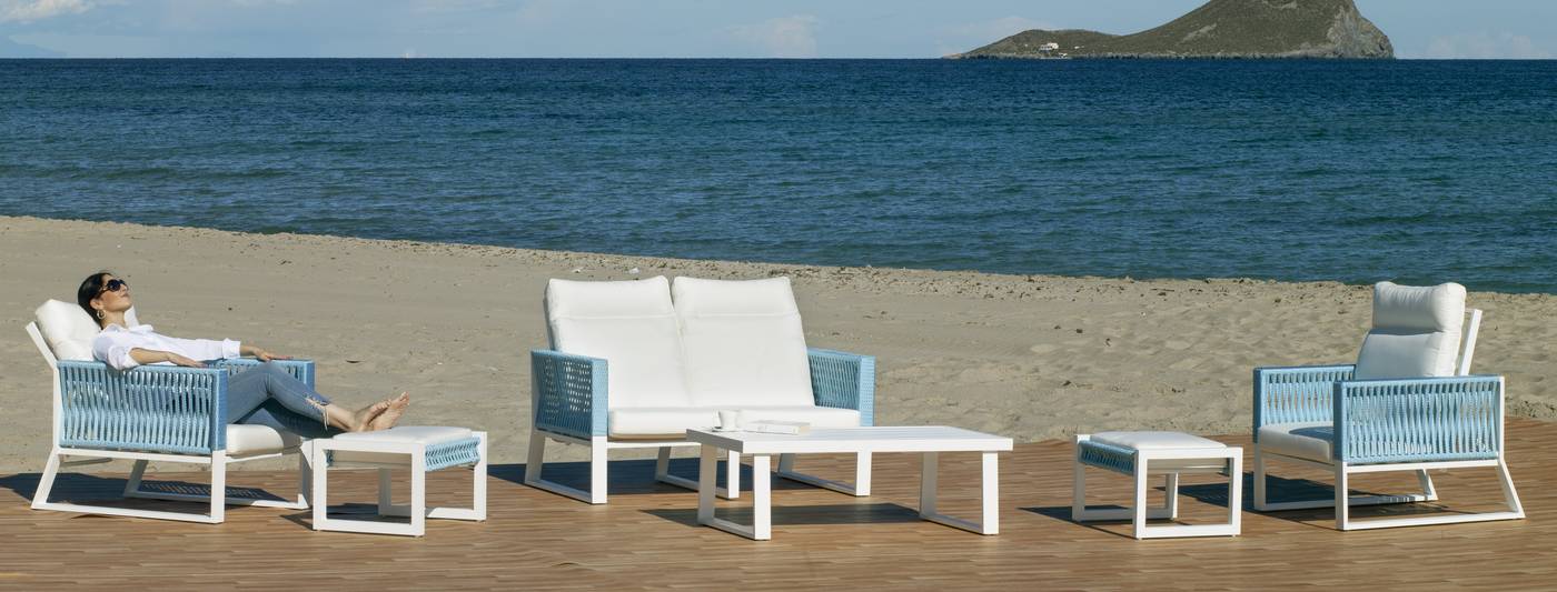 Set Aluminio Bolonia-870 - Conjunto aluminio y cuerda: 1 sofá de 2 plazas + 2 sillones + 1 mesa de centro. Respaldos reclinables. Colores: blanco, gris, marrón o champagne.