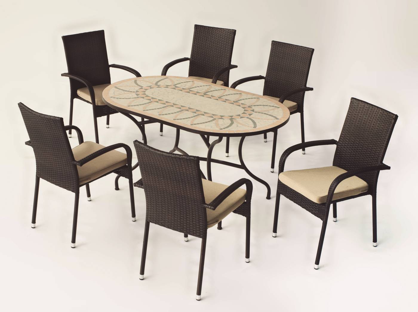 Conjunto Mosaico Bora-Bergamo - Conjunto de forja color bronce: mesa con tablero mosaico de 150 cm + 6 sillones con cojines asiento.