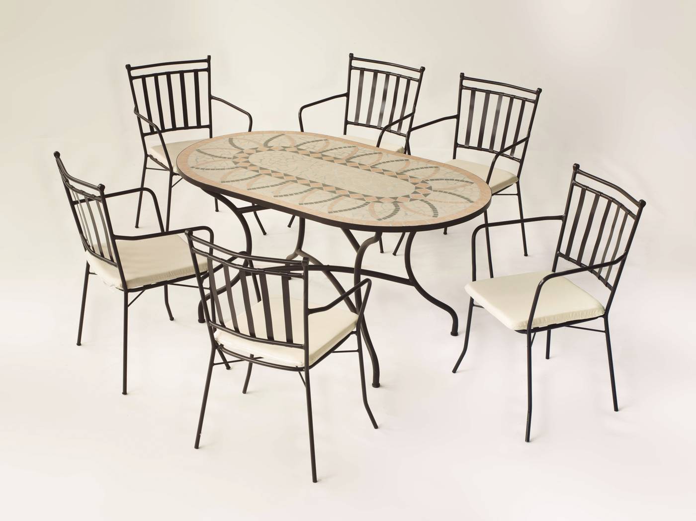 Conjunto Mosaico Bora-Shifa - Conjunto de forja color bronce: mesa con tablero mosaico de 150 cm + 6 sillones con cojines asiento.