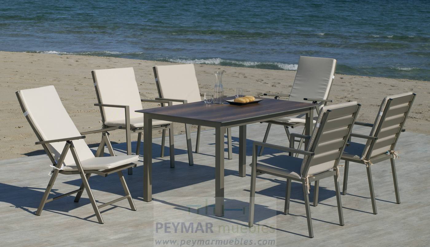 Mesa Aluminio HPL Camelia-180 - Mesa de 180 cm, con tablero laminado HPL ultra resistente. Estructura de aluminio color blanco, antracita, champagne, plata o marrón.