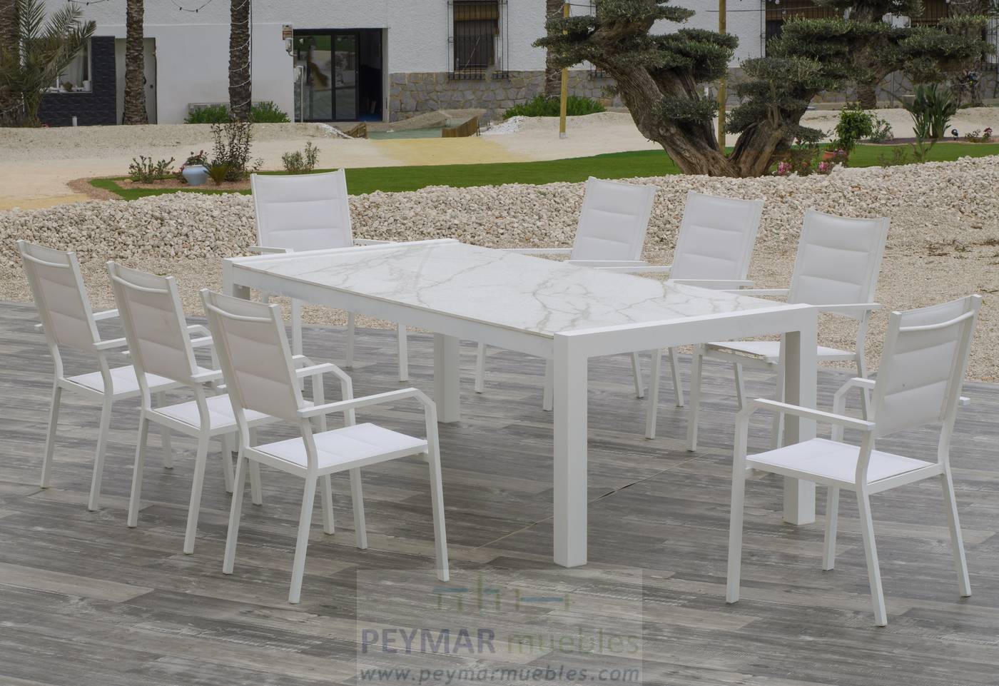 Mesa Alum y Neolith Camelia-235 - Mesa de aluminio rectangular de 235 cm. Tablero de piedra sinterizada de alta calidad. Disponible en varios colores.