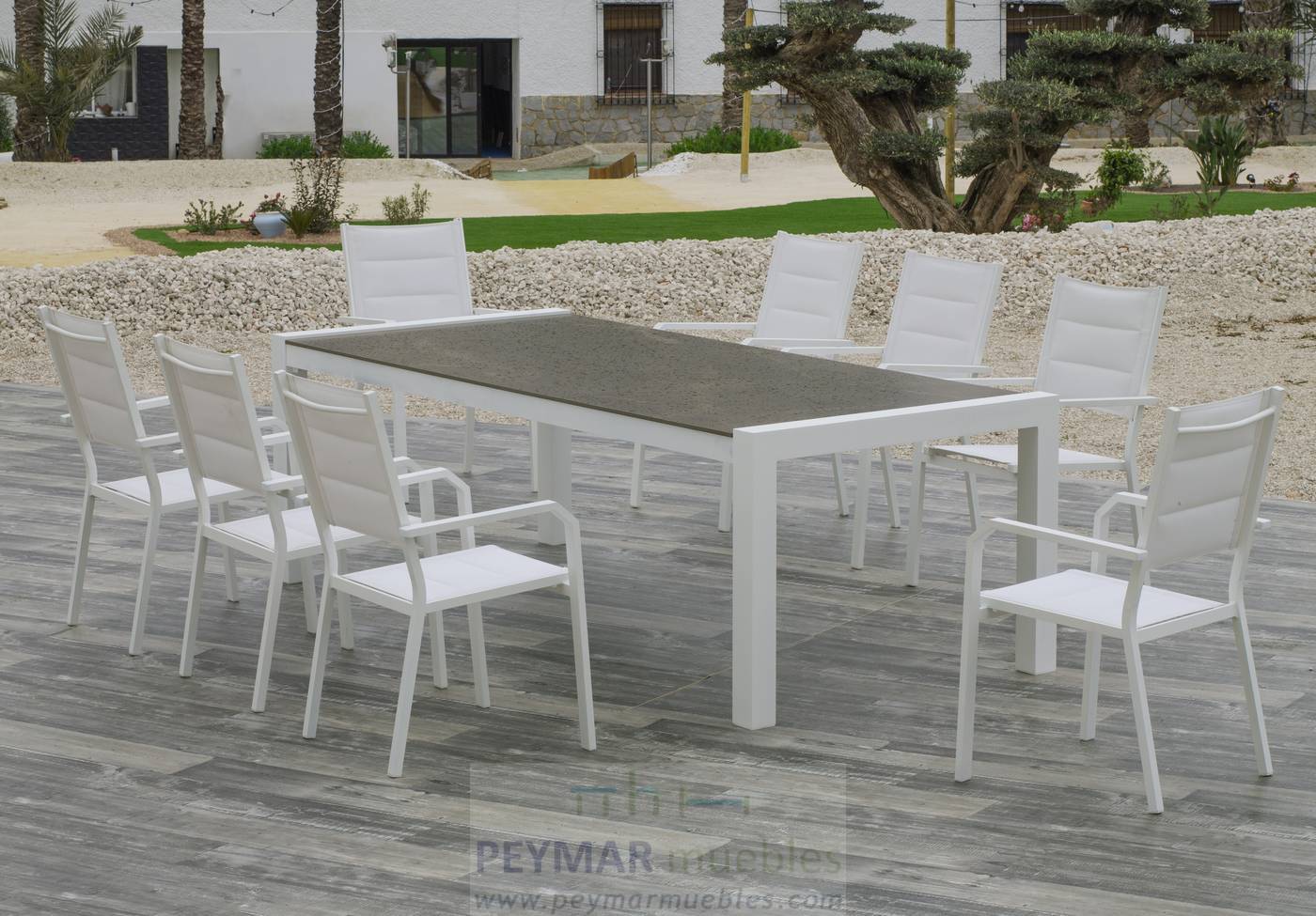 Mesa Alum y Neolith Camelia-175 - Mesa de aluminio rectangular de 175 cm. Tablero de piedra sinterizada de alta calidad. Disponible en varios colores.