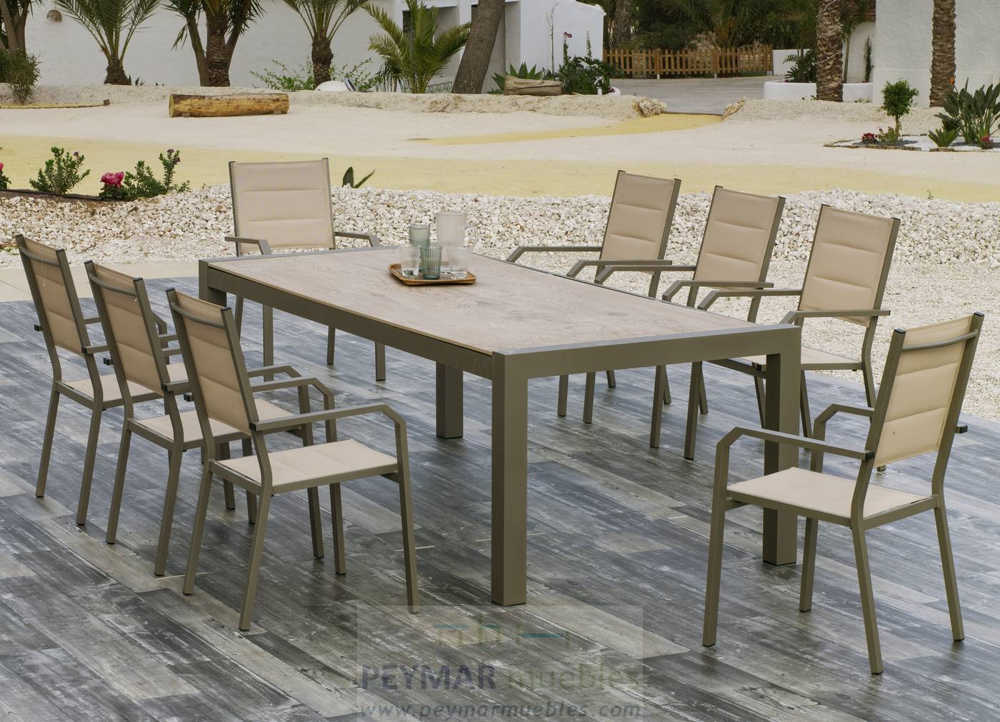 Mesa Alum y Neolith Camelia-235 - Mesa de aluminio rectangular de 235 cm. Tablero de piedra sinterizada de alta calidad. Disponible en varios colores.